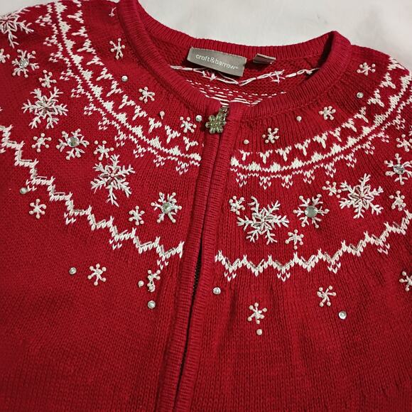 Christmas Cardigan Sweater Small Red Pearls Jewels Snowflakes Raglan-Sleeve - Picture 3 of 12